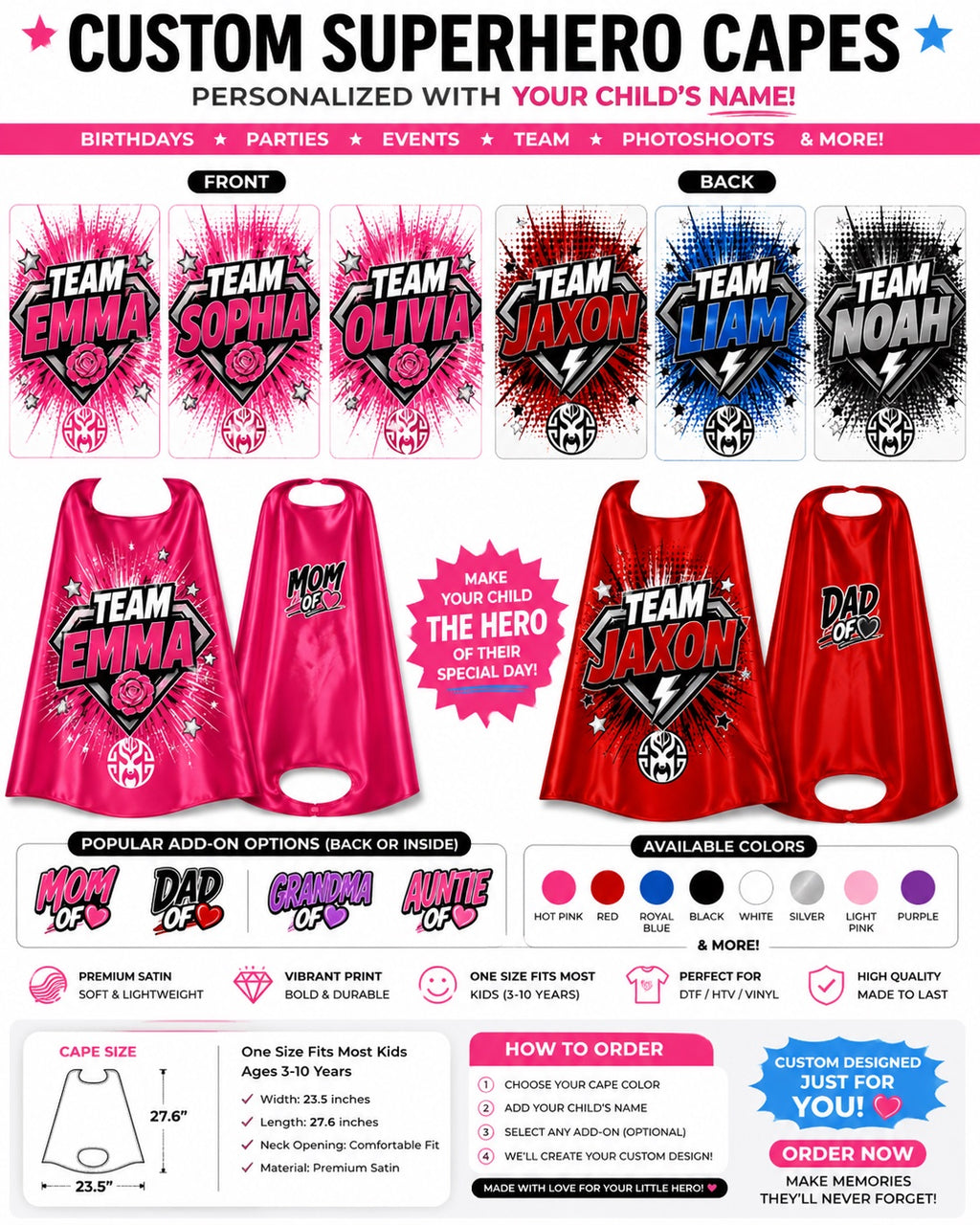 Personalized Kids Superhero Capes | Custom Birthday Party Capes with Name