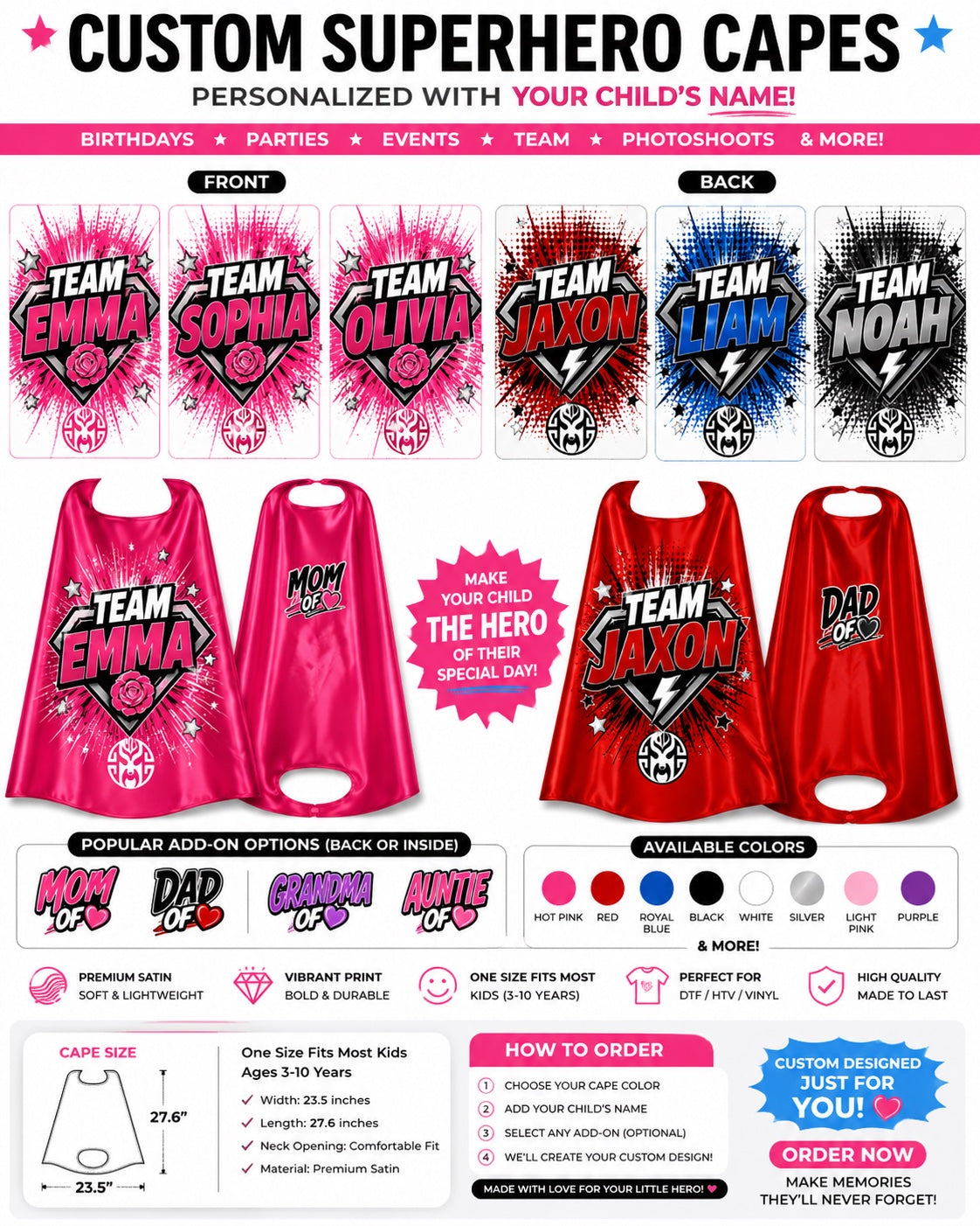 Personalized Kids Superhero Capes | Custom Birthday Party Capes with Name