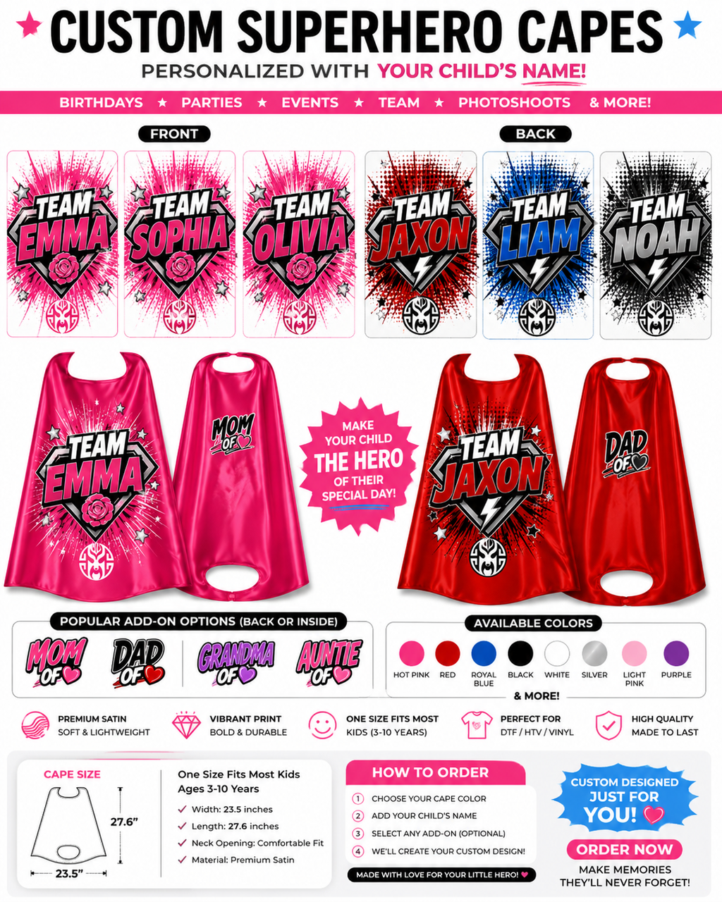 Personalized Kids Superhero Capes | Custom Birthday Party Capes with Name