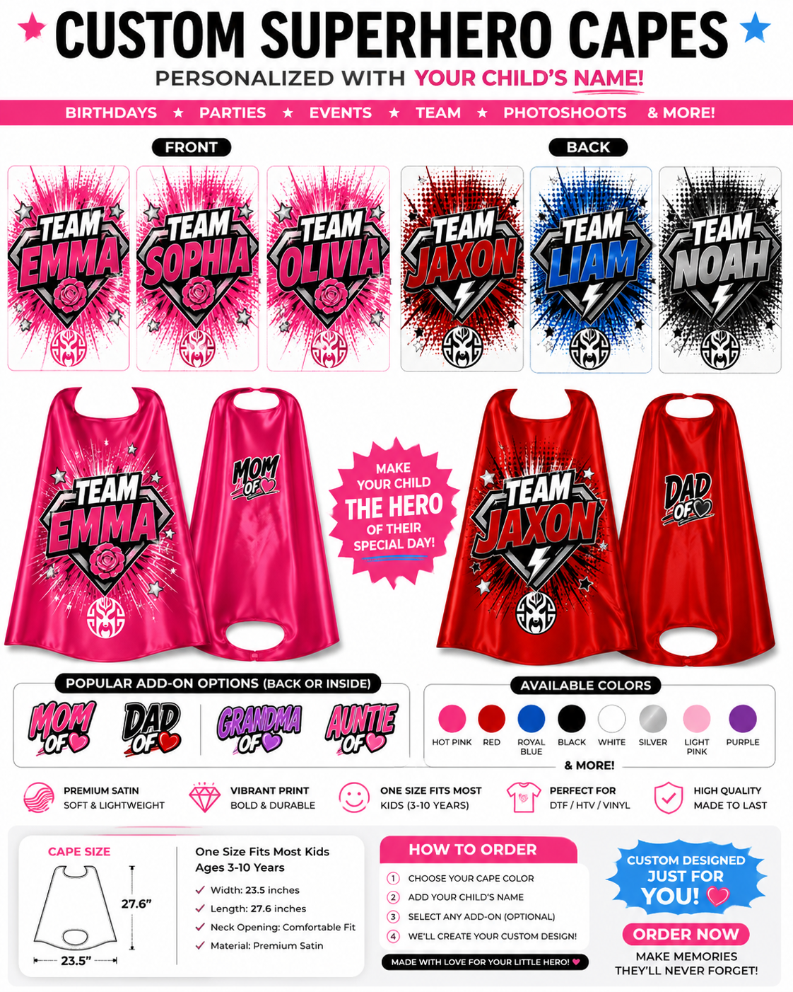 Personalized Kids Superhero Capes | Custom Birthday Party Capes with Name